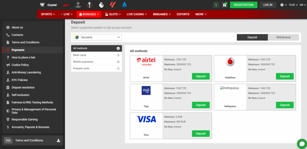 Deposit and withdrawal methods at 888starz